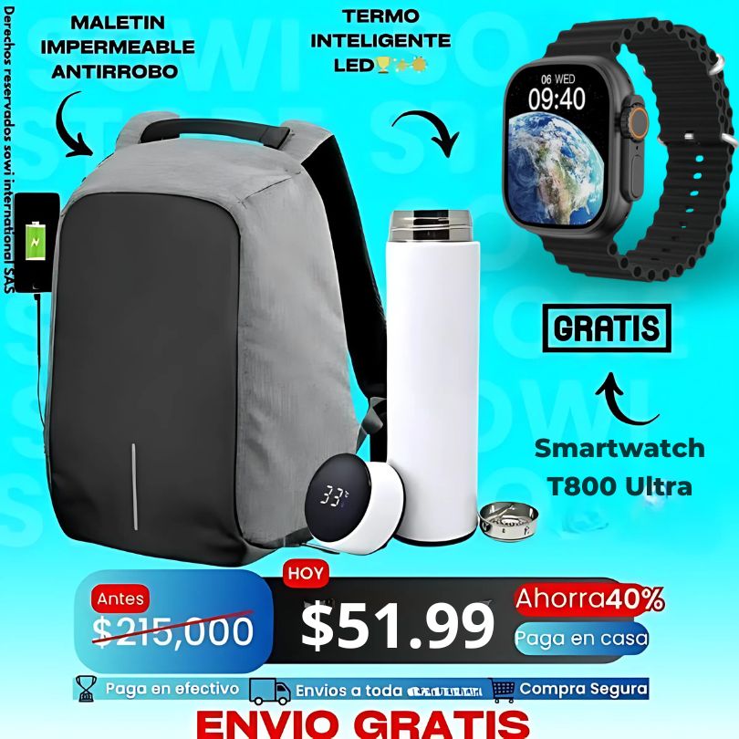 Combo Maleta Antirrobo+Termo Digital+Obsequio De Reloj inteligente