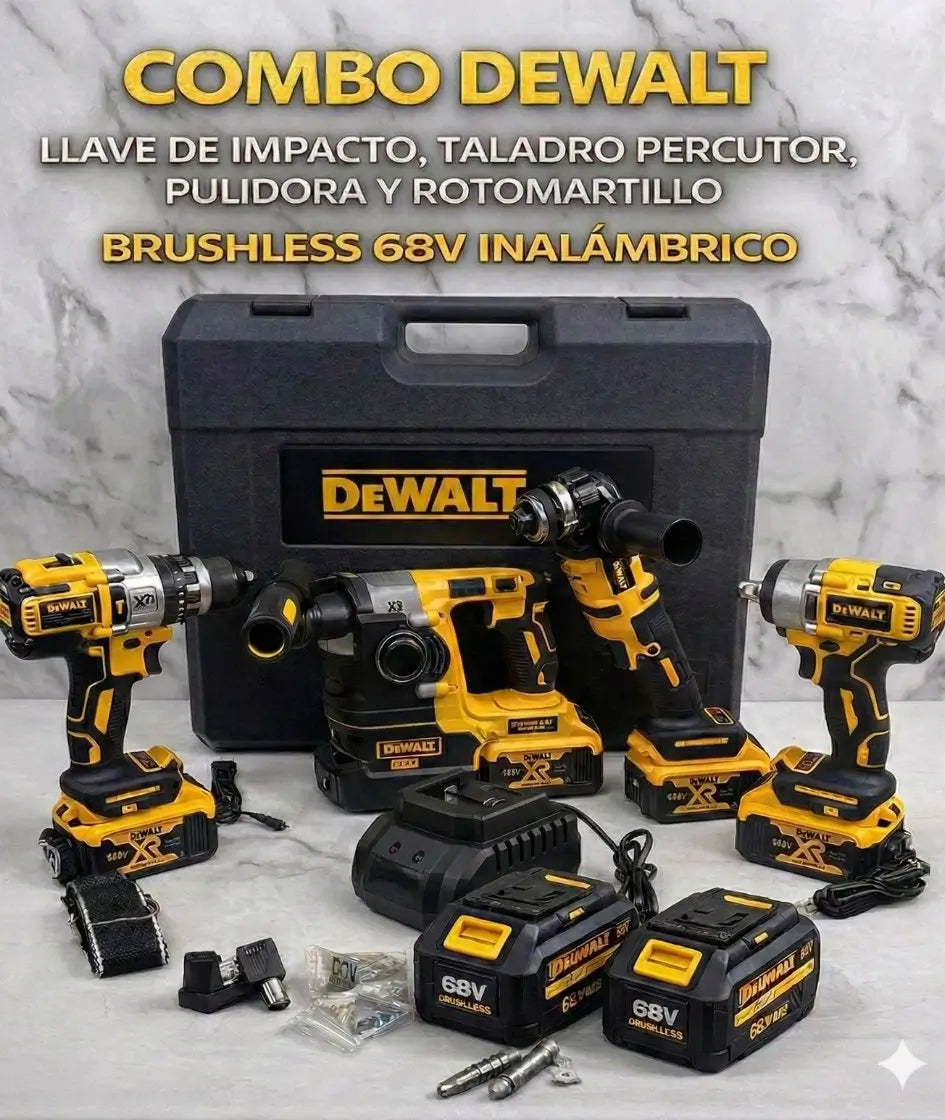 Combo DeWalt LLave de Impacto,Taladro Percutor, Pulidora y Rotomartillo BRUSHLESS 68V Inalámbrico