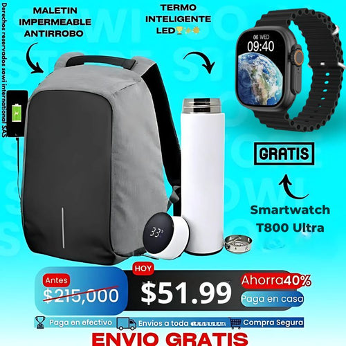 Combo Maleta Antirrobo+Termo Digital+Obsequio De Reloj inteligente
