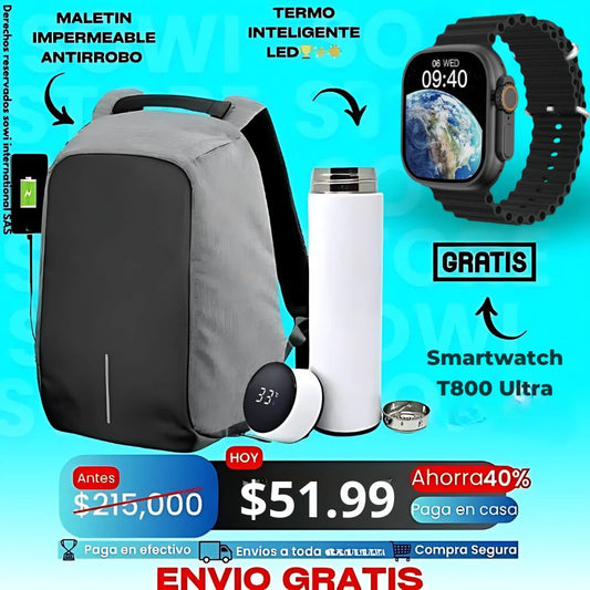 Combo Maleta Antirrobo+Termo Digital+Obsequio De Reloj inteligente