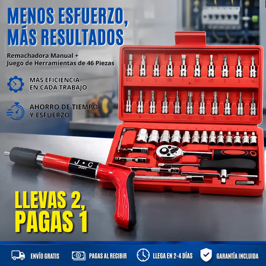 Pistola de clavos + kit de ratchet 46 piezas