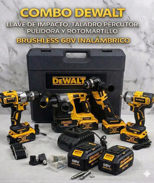 Combo DeWalt LLave de Impacto,Taladro Percutor, Pulidora y Rotomartillo BRUSHLESS 68V Inalámbrico